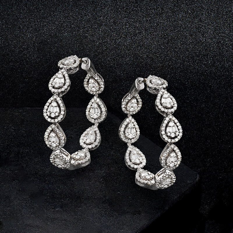 2.25 ct. t.w. Baguette and Round Diamond Hoop Earrings in 14kt White Gold. 1 1/4&quot; image number 2