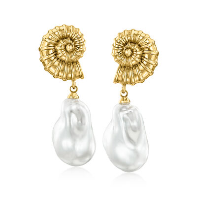 14kt Yellow Gold-Plated Seashell Drop Earrings with Simulated Baroque Pearls