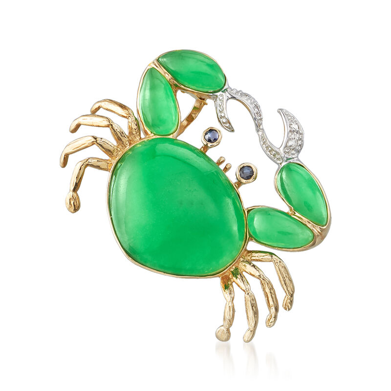 Green Jade and .10 ct. t.w. Sapphire Crab Pendant with Diamond Accents  in 14kt Yellow Gold  image number 0