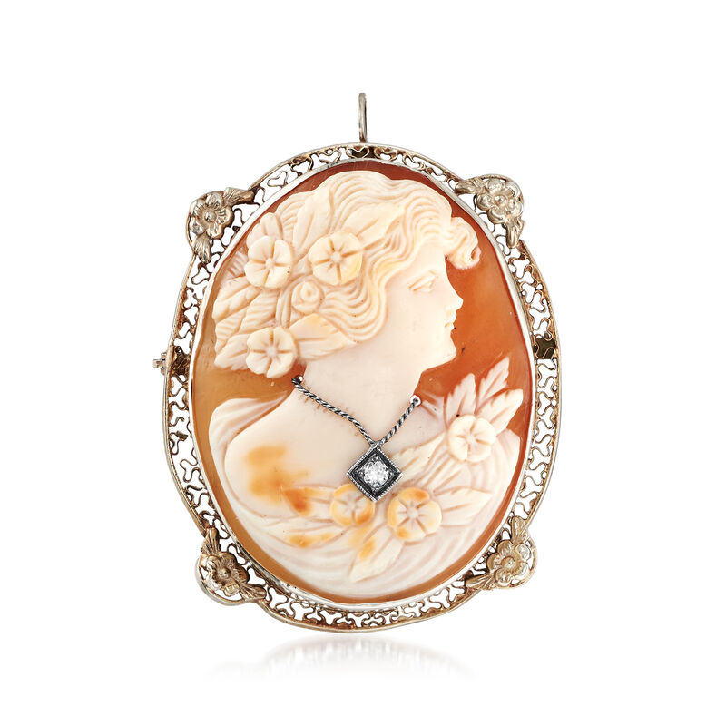 C. 1950 Vintage Oval Shell Cameo Pin/Pendant with Diamond Accent in 14kt White Gold image number 0