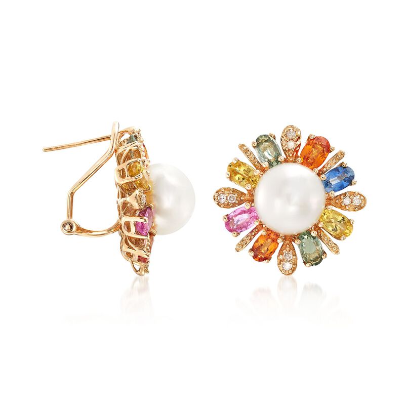 9.5-10mm Cultured Pearl and 5.20 ct. t.w. Multicolored Sapphire Earrings in 14kt Yellow Gold image number 2