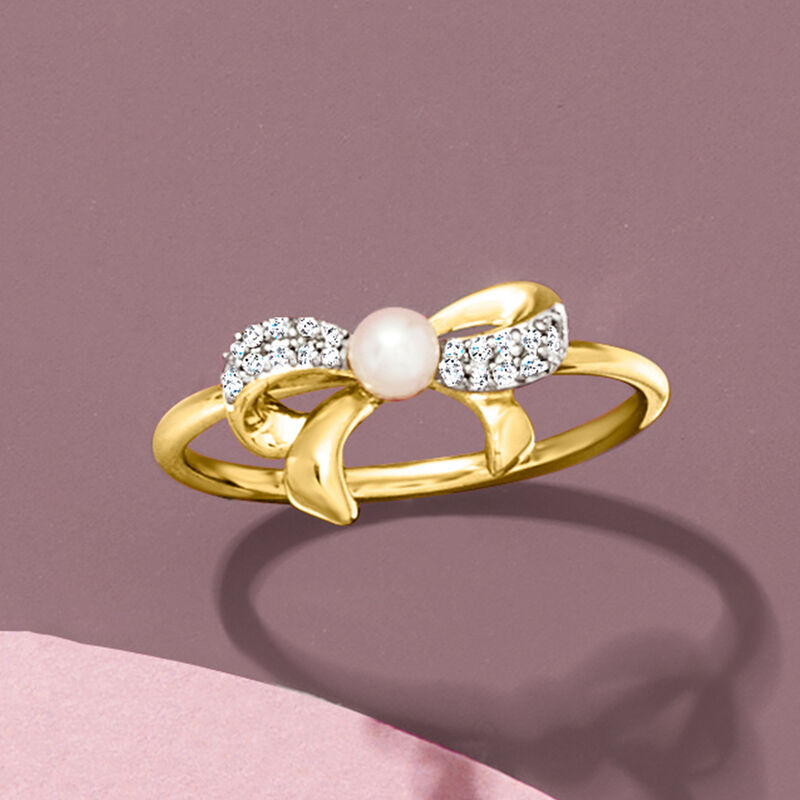 3-3.5mm Cultured Pearl Bow Ring with Diamonds in 14kt Yellow Gold image number 3