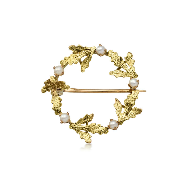 C. 1970 Vintage 2mm Cultured Pearl Leaf Circle Pin in 10kt Yellow Gold  image number 0