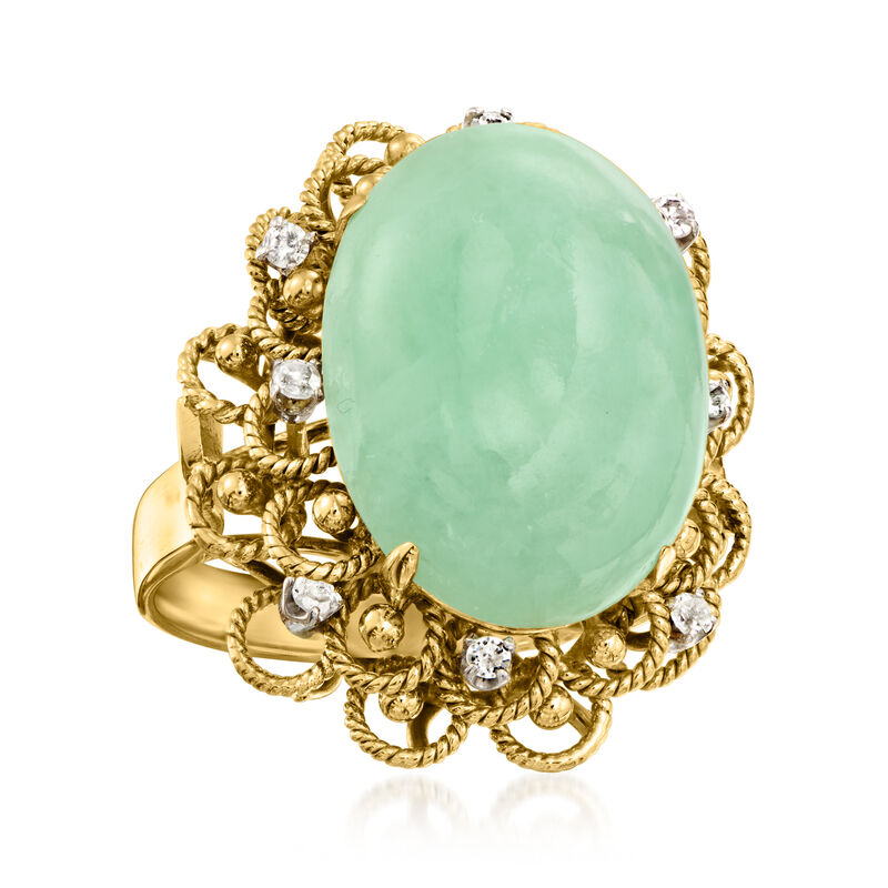 C. 1960 Vintage Jade and .20 ct. t.w. Diamond Cocktail Ring in 14kt Yellow Gold image number 3