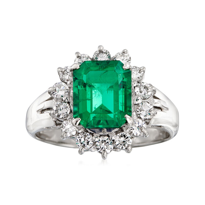 C. 2000 Vintage 2.21 Carat Certified Emerald and .56 ct. t.w. Diamond Ring in Platinum image number 0