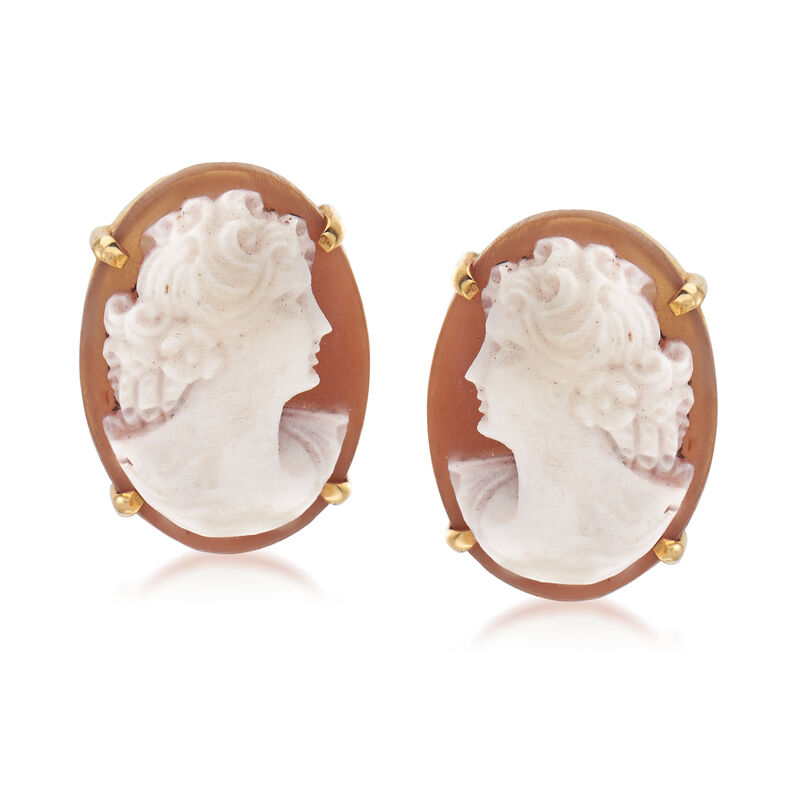 C. 1950 Vintage Pink Shell Cameo Non-Pierced Screwback Earrings in 14kt Yellow Gold image number 0