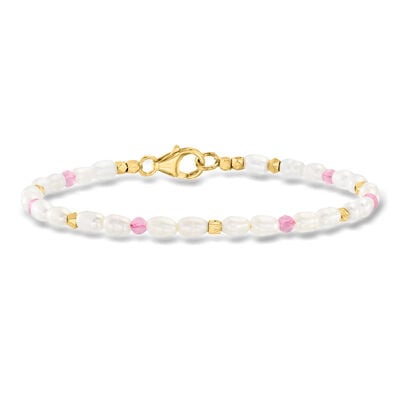 3x5mm Cultured Pearl and 1.00 ct. t.w. Pink Tourmaline Bead Station Bracelet with 18kt Gold Over Sterling
