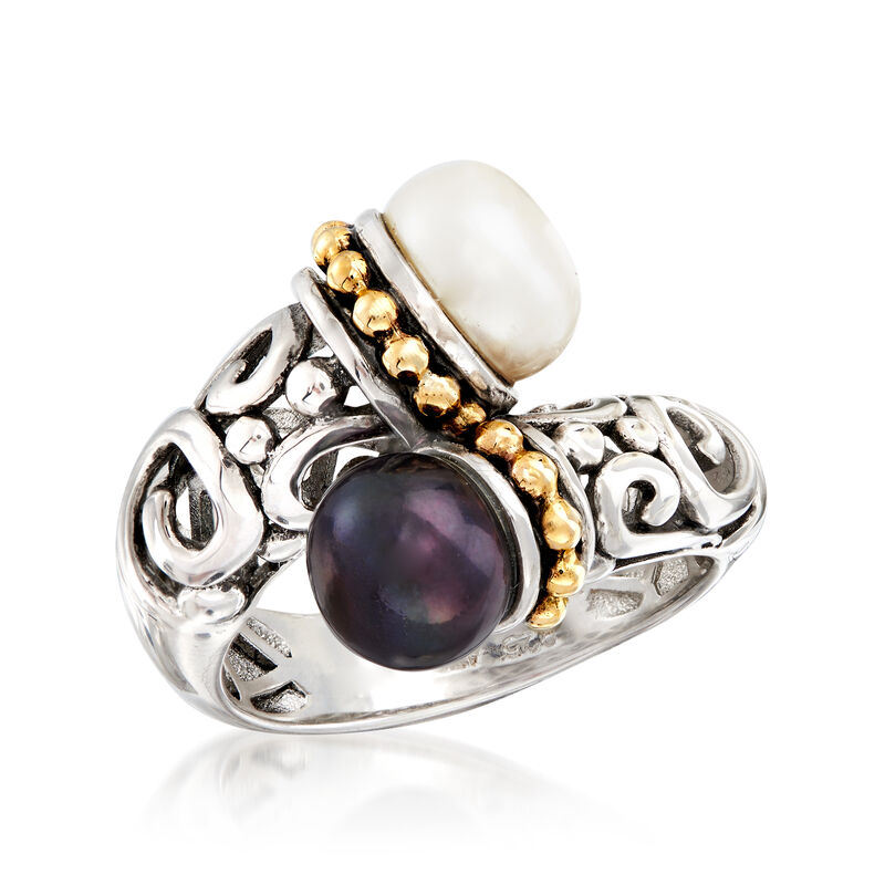 8.5mm White and 7.5mm Black Cultured Pearl Bypass Scrollwork Ring in Sterling Silver with 14kt Yellow Gold image number 3