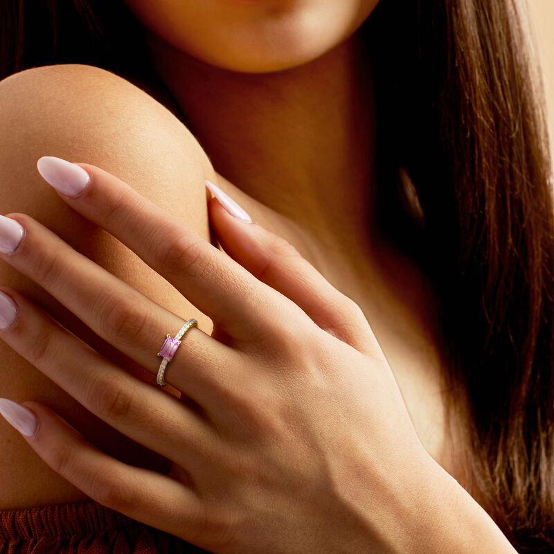 .70 Carat Lab-Grown Pink Sapphire Ring with .20 ct. t.w. Lab-Grown Diamonds in 18kt Gold Vermeil image number 1