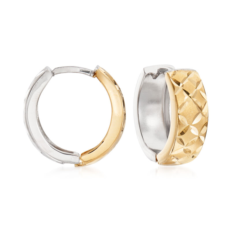 14kt Two-Tone Gold Diamond-Cut Reversible Huggie Hoop Earrings image number 0