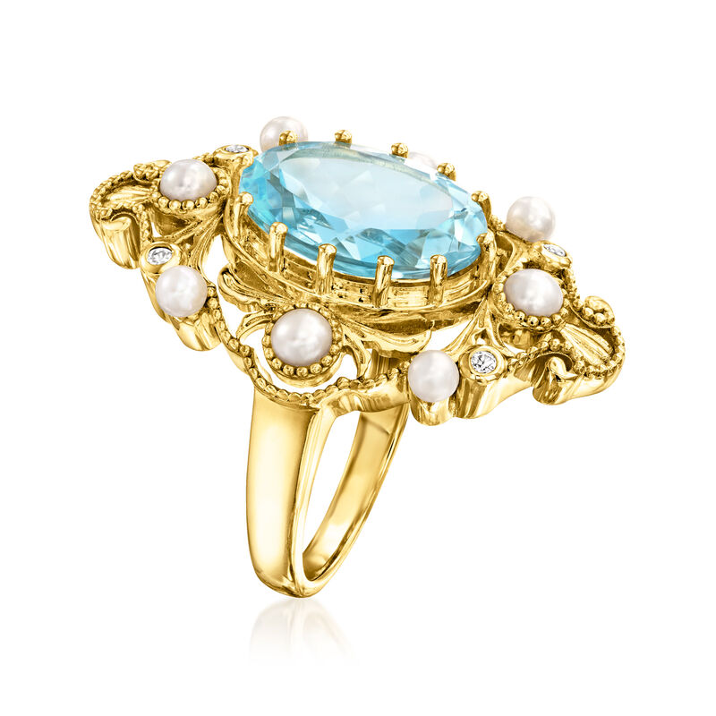 7.00 Carat Sky Blue Topaz Ring with 2.5-3.5mm Cultured Pearls and White Zircons in 18kt Gold Over Sterling. Size 6 image number 2