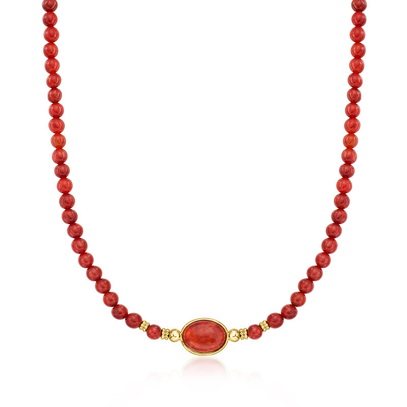 Red Jade and 18kt Gold Over Sterling Bead Necklace with Reversible Centerpiece. 18&quot; image number 1