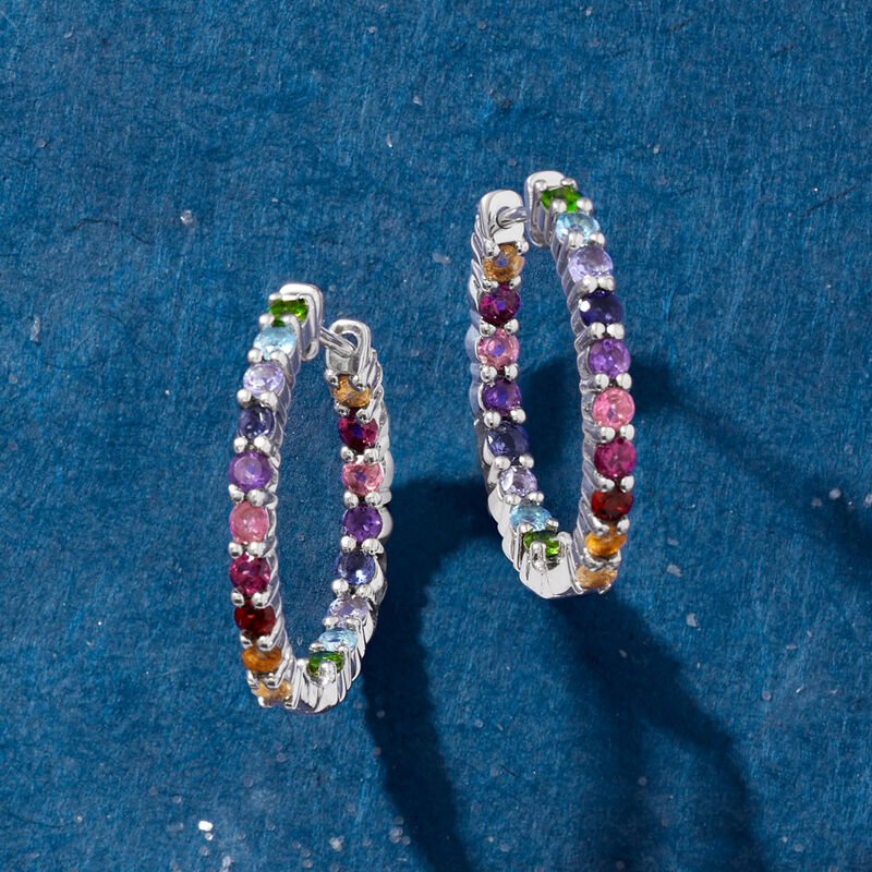 1.80 ct. t.w. Multi-Gem Hoop Earrings in Sterling Silver. 1&quot; image number 4