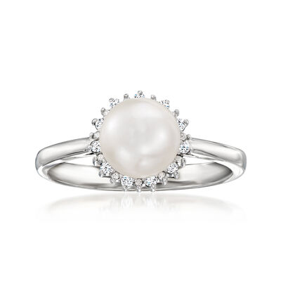 7-7.5mm Cultured Pearl Ring with Diamonds in Sterling Silver
