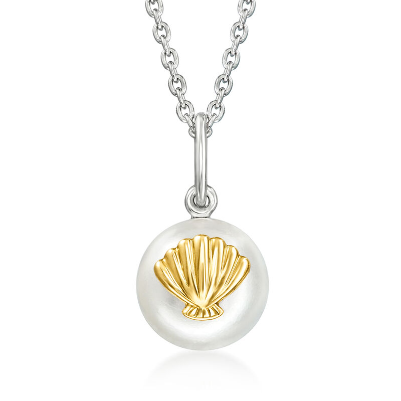 8.5-9mm Cultured Pearl Seashell Pendant Necklace in 14kt Yellow Gold with Sterling Silver. 18&quot; image number 1