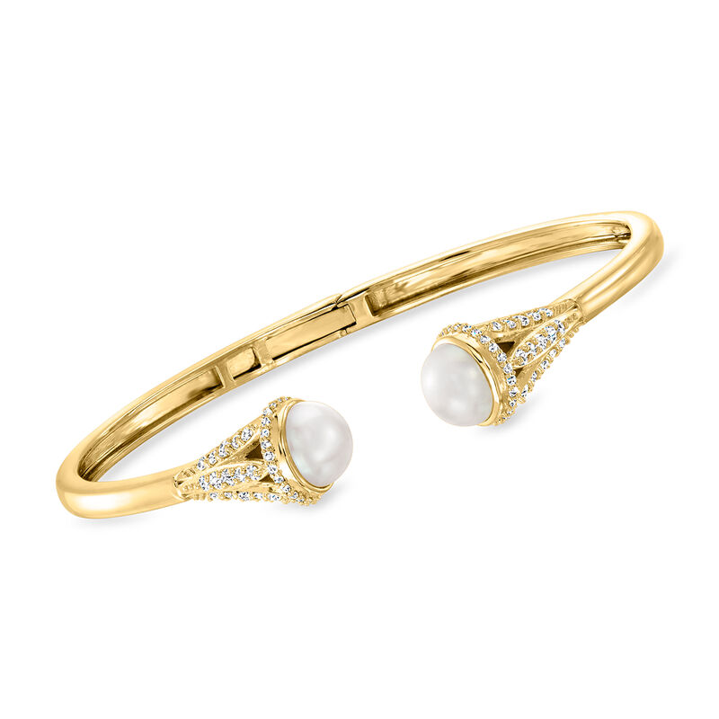 8mm Cultured Pearl and .80 ct. t.w. White Topaz Cuff Bracelet in 18kt Gold Over Sterling image number 0