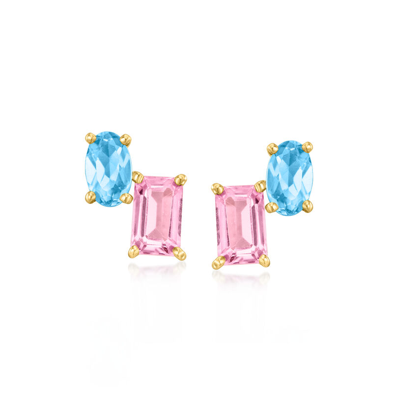 .60 ct. t.w. Pink Topaz and .50 ct. t.w. Swiss Blue Topaz Toi et Moi Earrings in 14kt Yellow Gold  image number 0