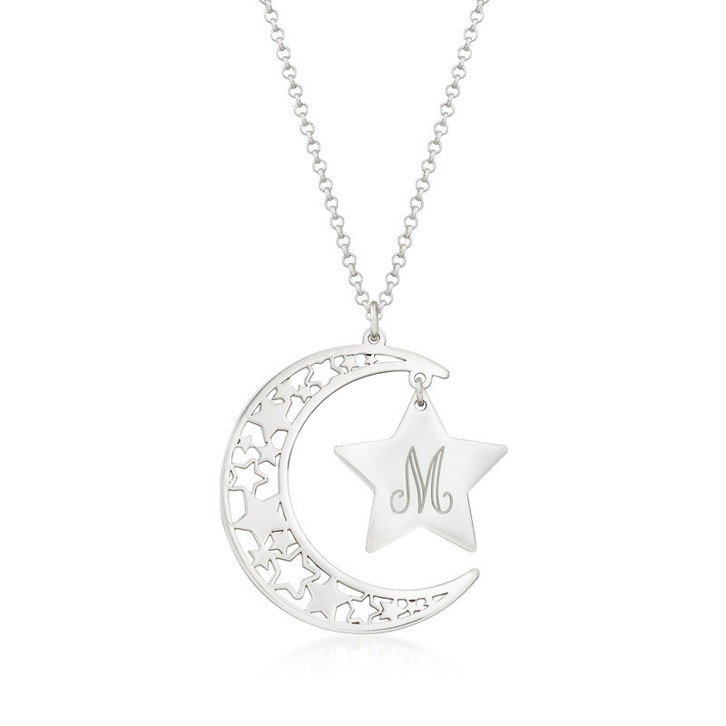 Sterling Silver Openwork Moon and Star Personalized Pendant Necklace image number 0