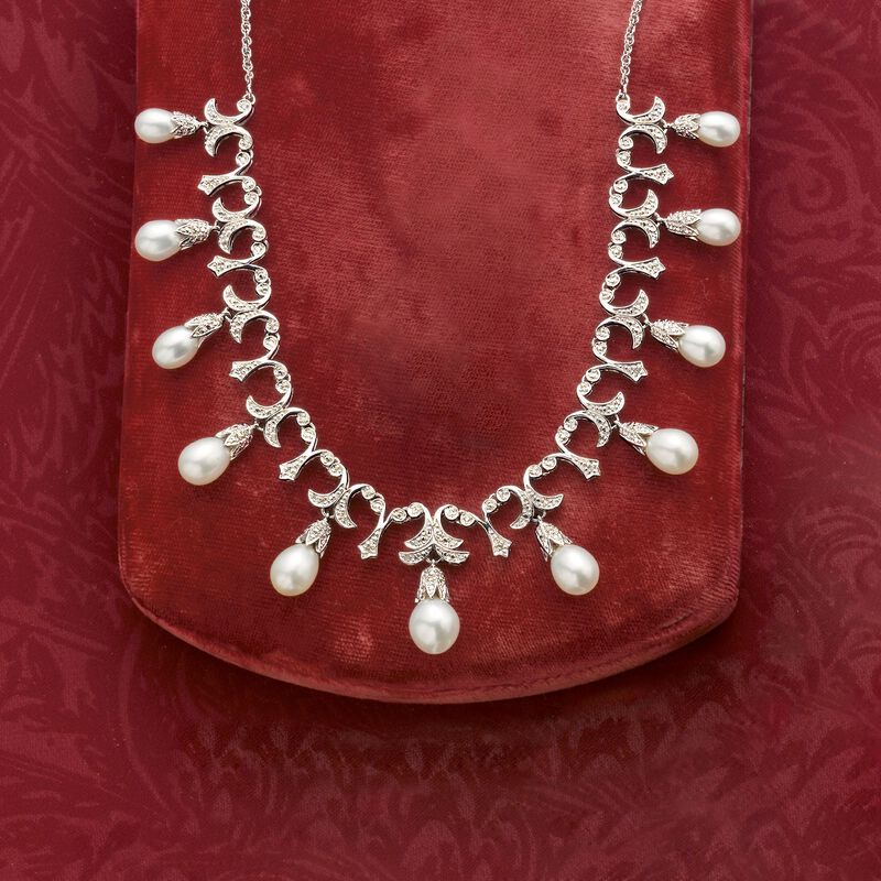 6-9mm Cultured Pearl and .20 ct. t.w. Diamond Necklace in Sterling Silver. 16&quot; image number 2