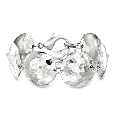 Italian Rhodium-Plated Hammered Disc-Link Bracelet