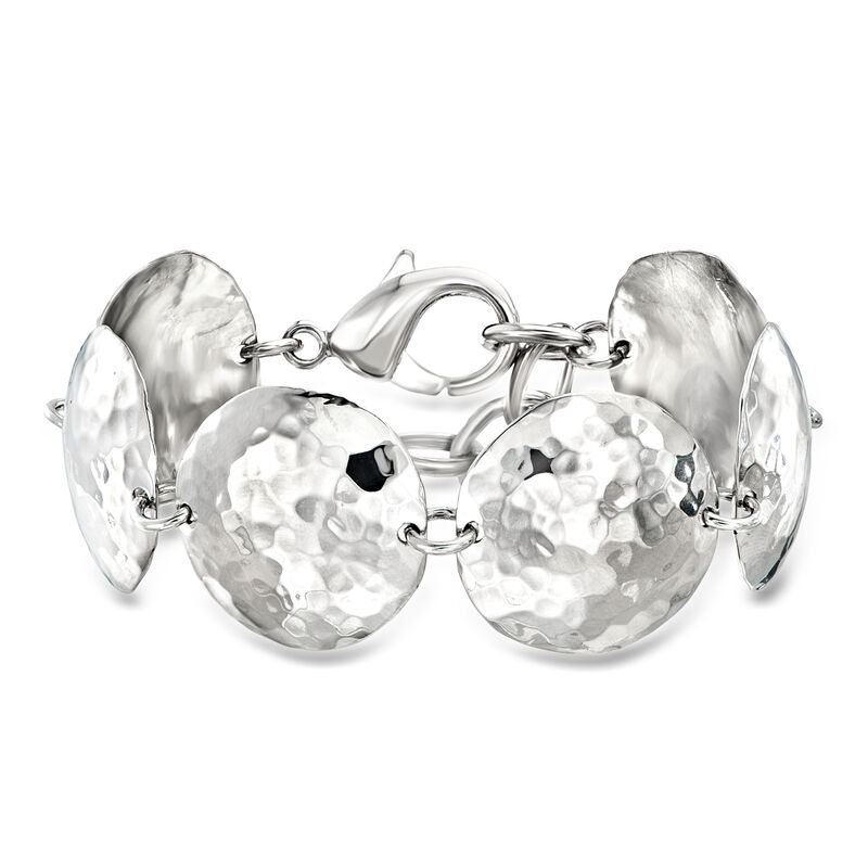 Italian Rhodium-Plated Hammered Disc-Link Bracelet. 7" image number 0