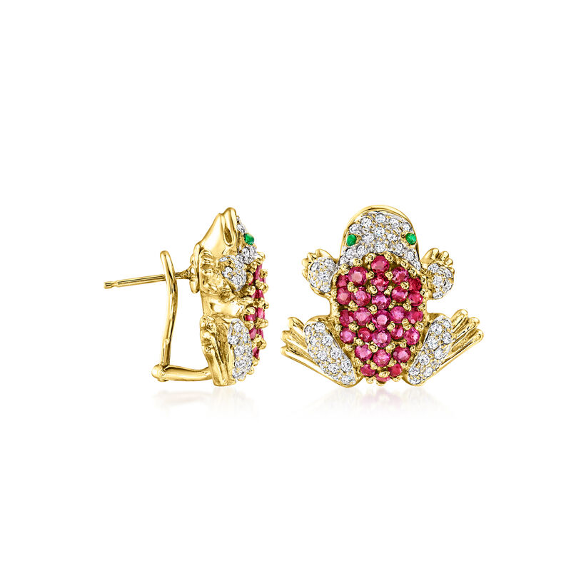 C. 1980 Vintage 3.25 ct. t.w. Ruby and 1.65 ct. t.w. Diamond Frog Earrings with Emeralds in 18kt Yellow Gold image number 2