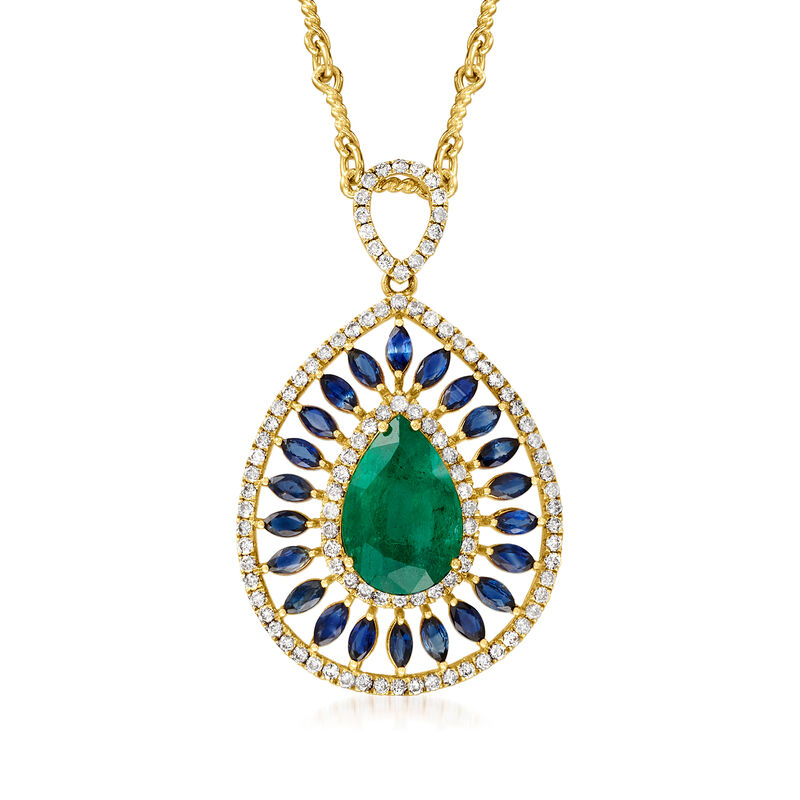 4.50 Carat Emerald, 1.60 ct. t.w. Sapphire and .94 ct. t.w. Diamond Teardrop Pendant Necklace image number 0