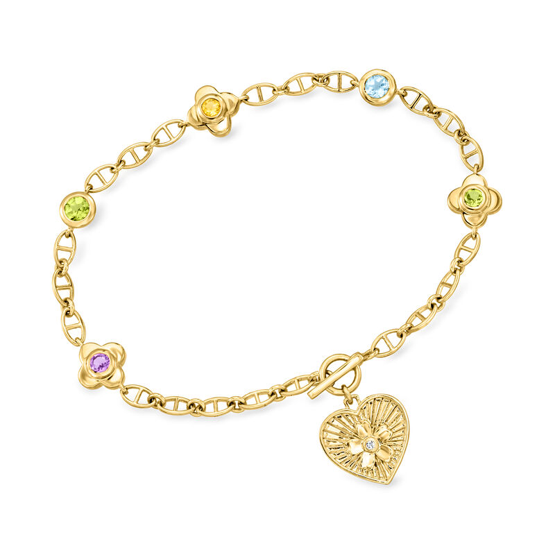 .70 ct. t.w. Multi-Gemstone Floral Heart Toggle Bracelet with Single Diamond in 18kt Gold Over Sterling image number 0