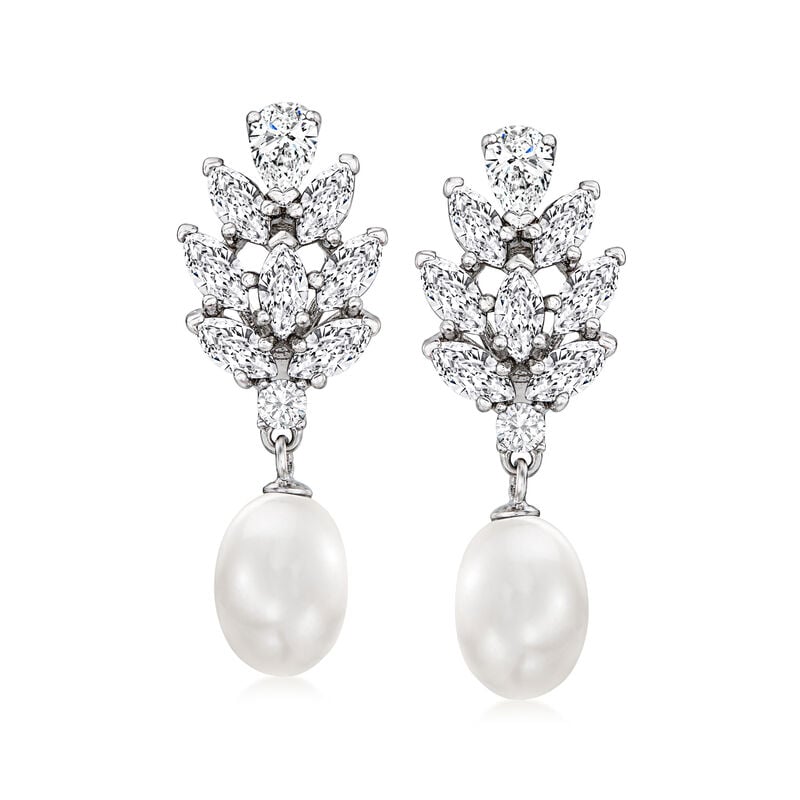 8-8.5mm Cultured Pearl and 3.30 ct. t.w. CZ Drop Earrings in Sterling Silver image number 0