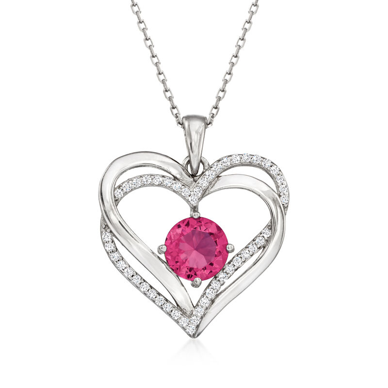 July/Simulated Ruby - Birthstone Heart Pendant Necklace with CZs in Sterling Silver. 18" image number 0