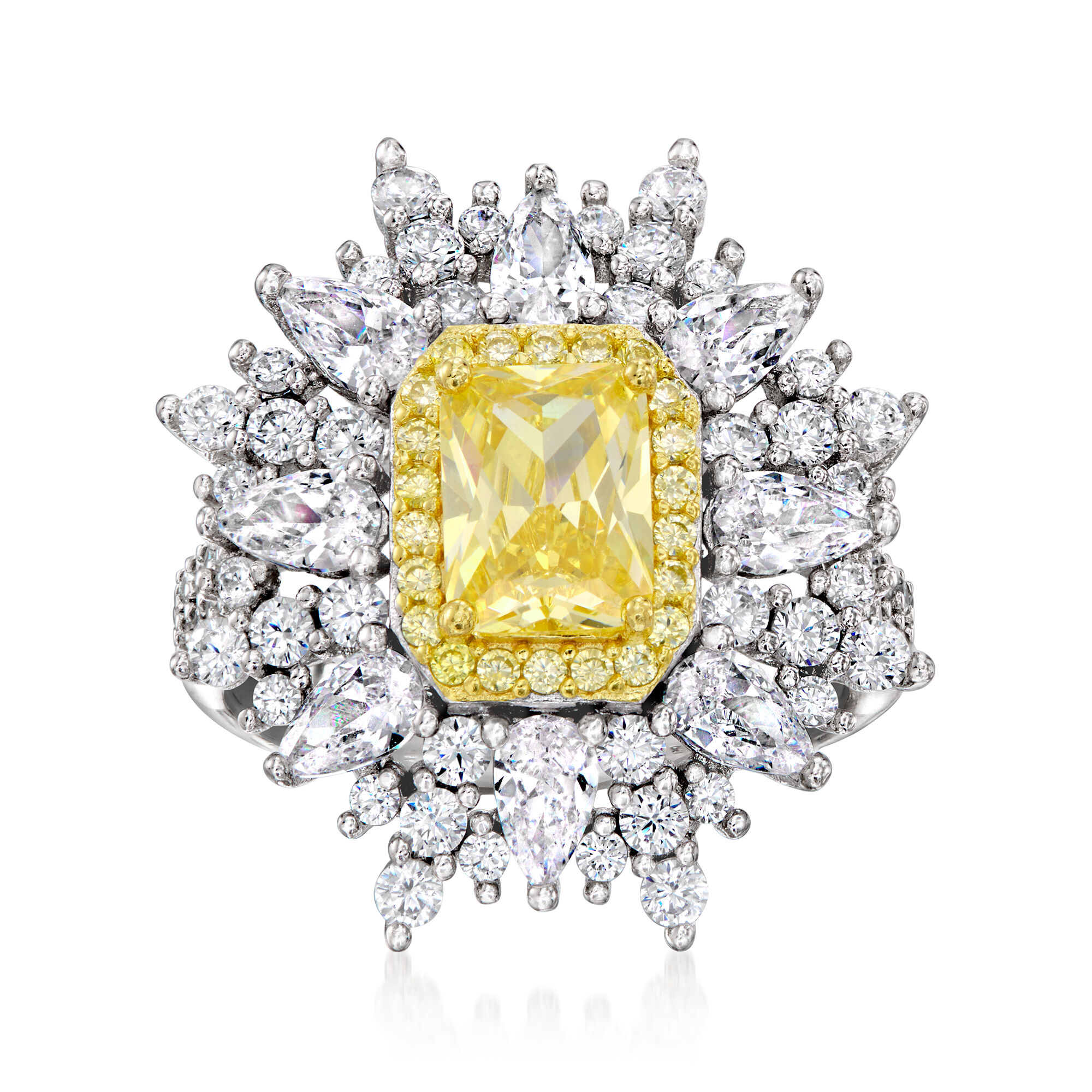 4.80 ct. t.w. Yellow and White CZ Burst Ring in Sterling Silver