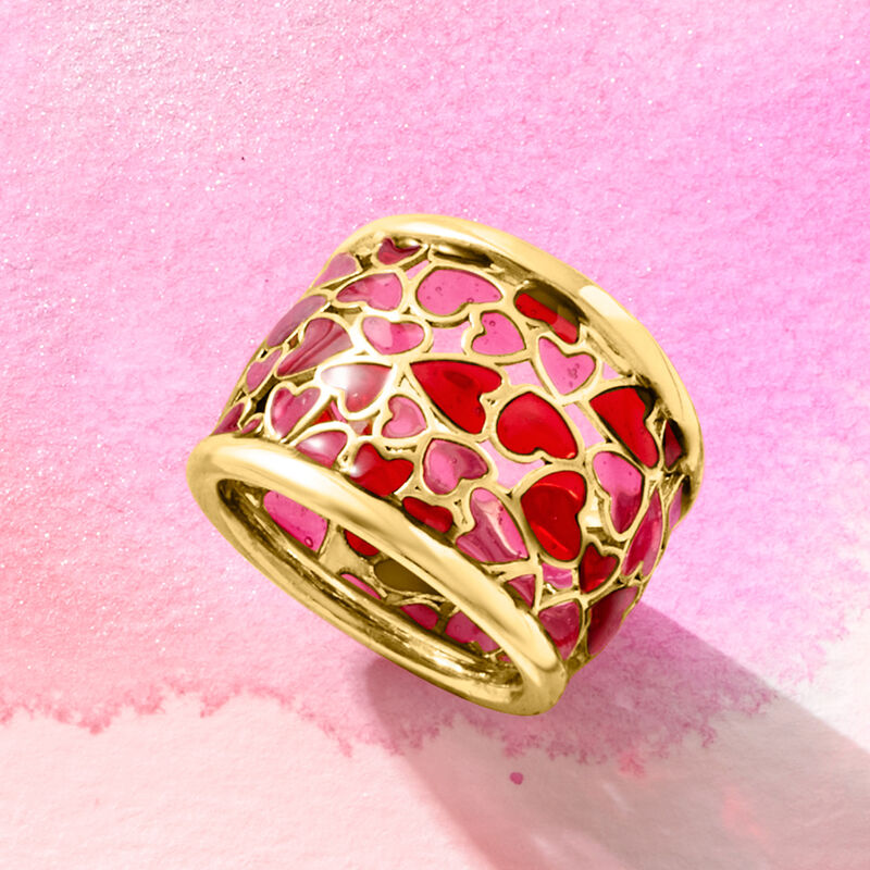 Italian Red and Pink Enamel Heart Ring in 18kt Gold Over Sterling image number 4