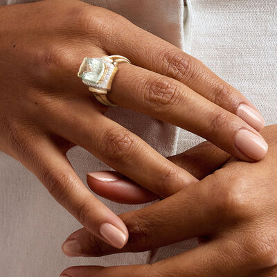 C. 1980 Vintage 5.90 Carat Prasiolite Ring with .22 ct. t.w. Diamonds in 14kt Yellow Gold