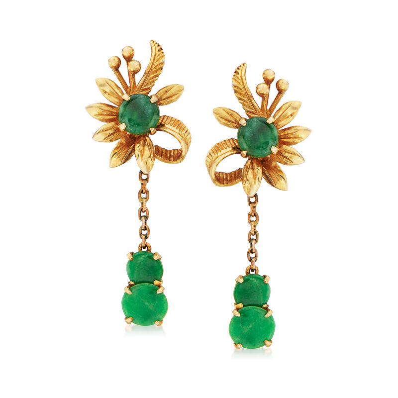 C. 1970 Vintage Jade Flower Drop Earrings in 14kt Yellow Gold image number 0