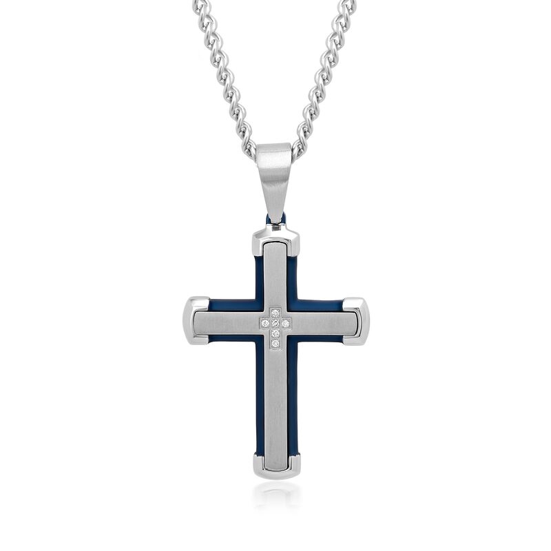Men's White and Blue Stainless Steel Cross Pendant Necklace with Diamond Accents. 24&quot; image number 0