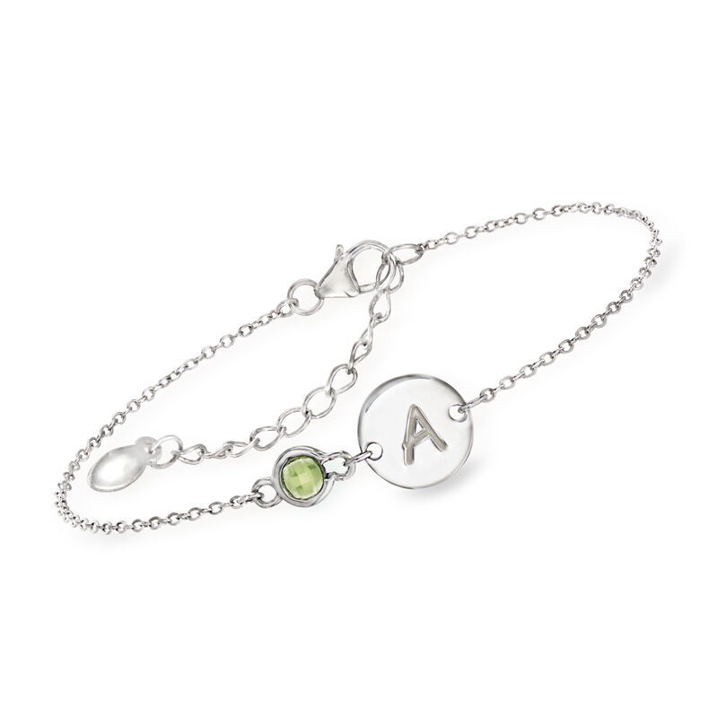 August/Simulated Peridot - Sterling Silver Disc Bracelet with Birthstone. 6" image number 0