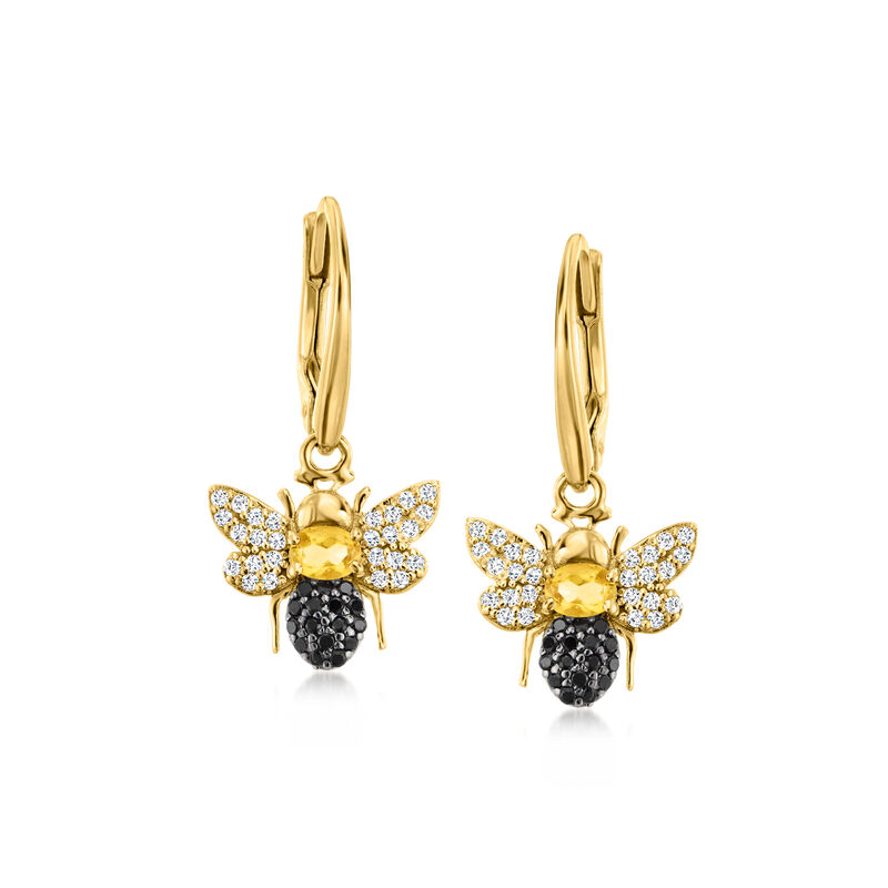 .30 ct. t.w. Citrine and .30 ct. t.w. White Topaz Bumblebee Drop Earrings with .20 ct. t.w. Black Spinels in 18kt Gold Over Sterling  image number 0