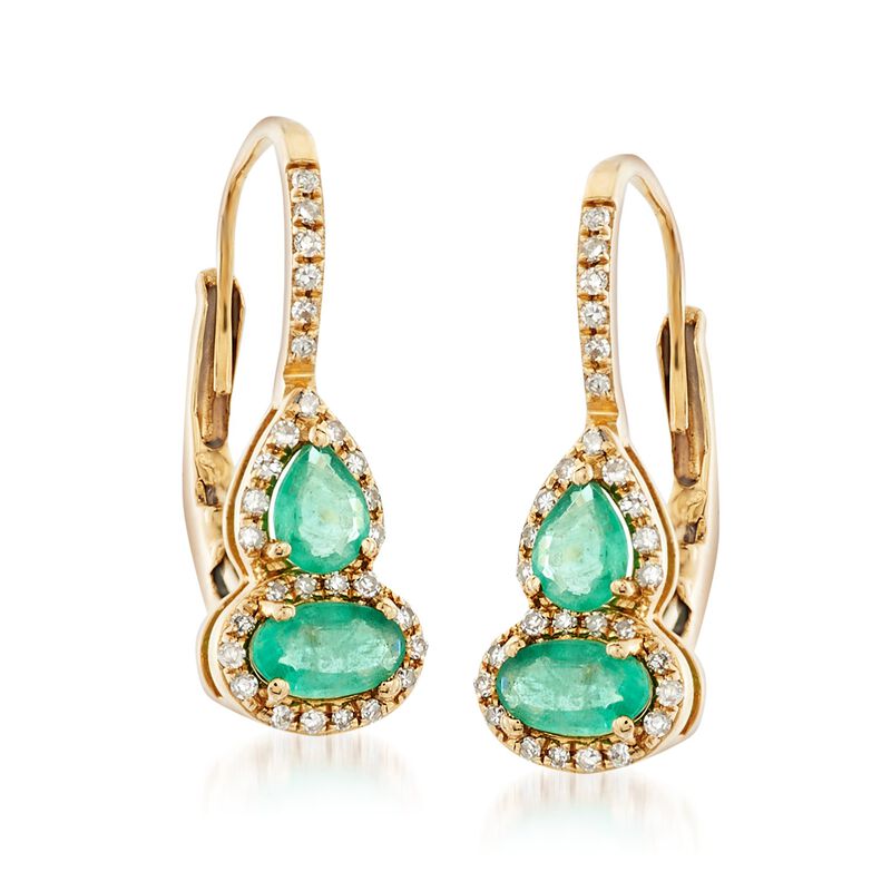 .60 ct. t.w. Emerald and .15 ct. t.w. Diamond Drop Earrings in 14kt Yellow Gold image number 3