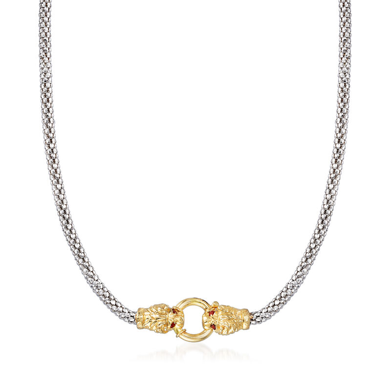 18kt Gold Over Sterling and Sterling Silver Double Lion Head Necklace image number 0