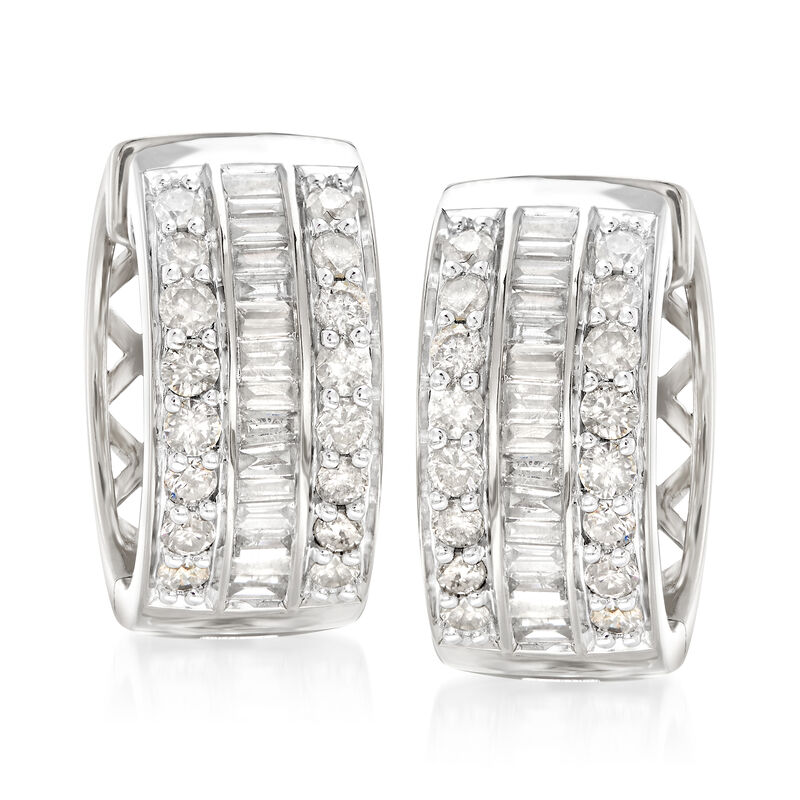 1.00 ct. t.w. Baguette and Round Diamond Hoop Earrings in Sterling Silver. 1/2&quot; image number 2