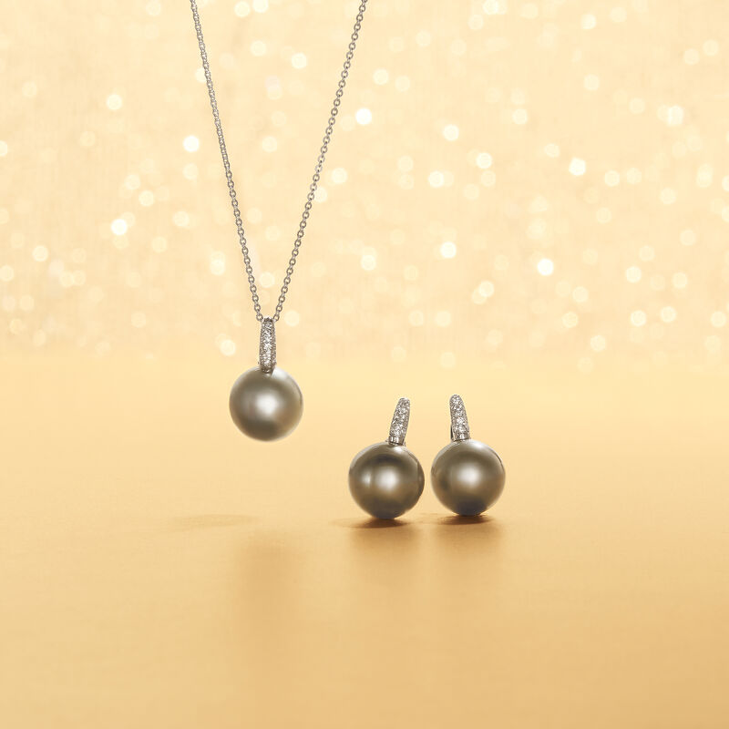 13mm Black South Sea Pearl Necklace with Diamond Accents in 18kt White Gold. 16&quot; image number 3