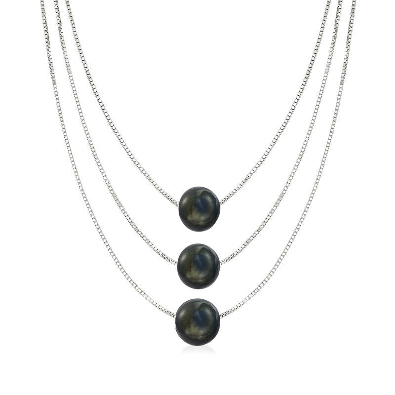 9-9.5mm Black Cultured Pearl Layered Three-Strand Necklace in Sterling Silver image number 0
