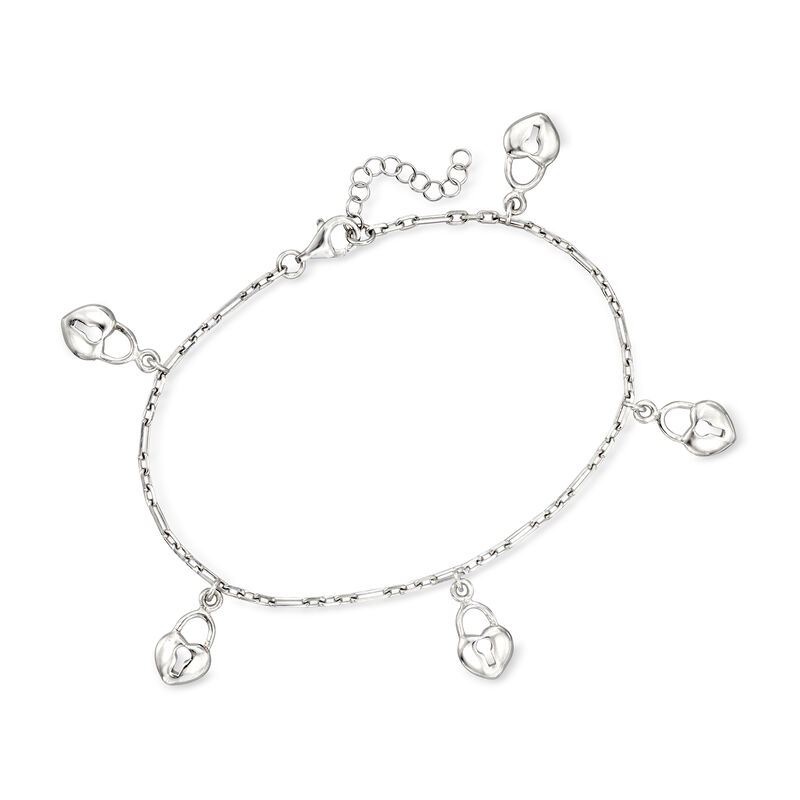 Sterling Silver Heart Padlock Station Bracelet. 7&quot; image number 0