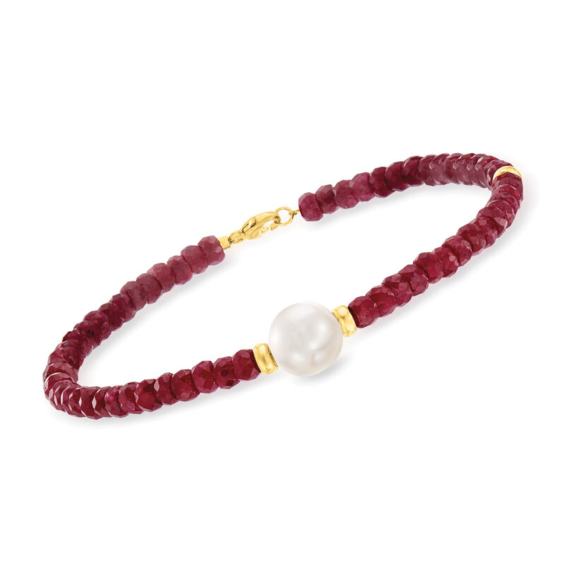 9-10mm Cultured Pearl and 22.00 ct. t.w. Ruby Bead Bracelet with 14kt Yellow Gold image number 0