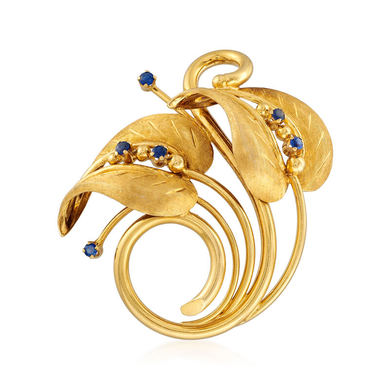 C. 1960 Vintage .25 ct. t.w. Sapphire Leaf Pin in 18kt Yellow Gold image number 0