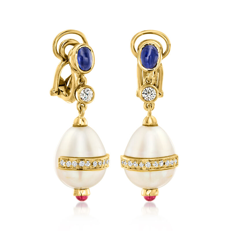 C. 1980 Vintage 13x11mm Cultured Pearl and 1.20 ct. t.w. Multi-Gemstone Clip-On Drop Earrings with .45 ct. t.w. Diamonds in 18kt Yellow Gold  image number 2