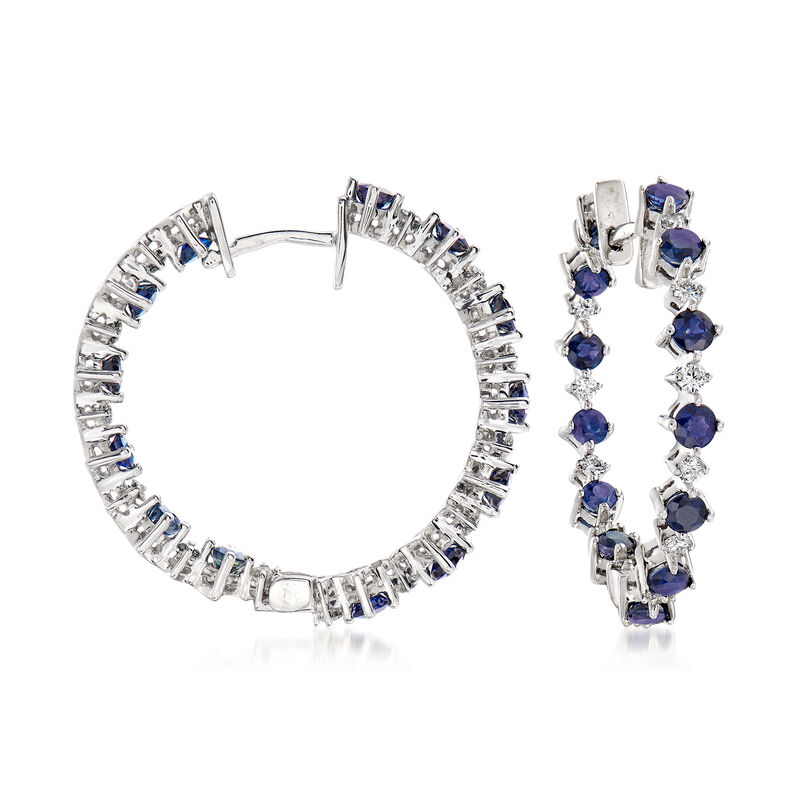 4.50 ct. t.w. Sapphire and .92 ct. t.w. Diamond Inside-Outside Hoop Earrings in 14kt White Gold. 1 1/4&quot; image number 0