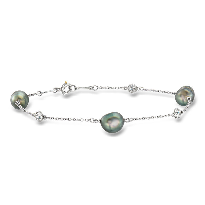 C. 1990 Vintage Tiffany Jewelry 7x6mm Cultured Black Pearl and .25 ct. t.w. Diamond Station Bracelet in Platinum. 7.25" image number 0