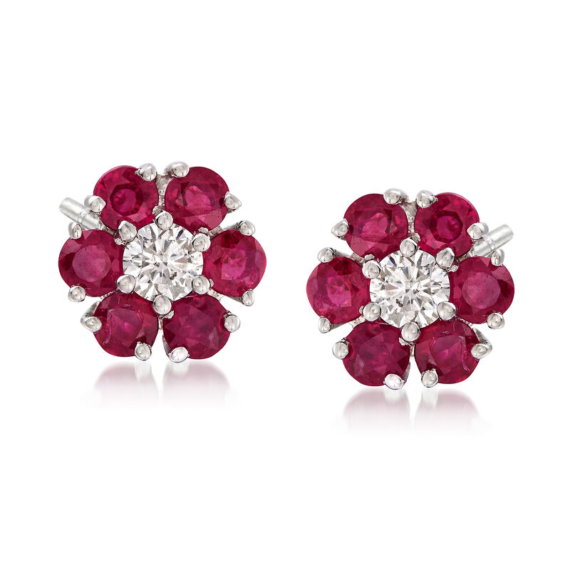 1.60 ct. t.w. Ruby and .26 ct. t.w. Diamond Floral Earrings in 14kt White Gold image number 0