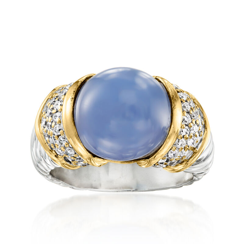 C. 2000 Vintage David Yurman 4.50 Carat Blue Chalcedony Ring with .65 ct. t.w. Diamonds in Sterling Silver and 18kt Yellow Gold image number 0